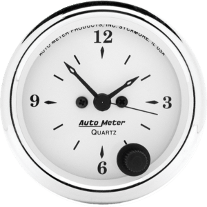 1686 Auto Meter Old Tyme White 2 1/16" Quartz Clock 12 volt or 16 volt