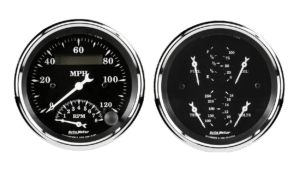 1720 Auto Meter Old Tyme Black 2 Gauge Kit (3 3/8" Speedometer/Tachometer & Quad)