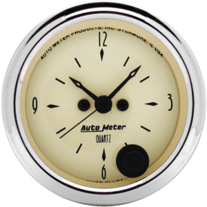 1885 Auto Meter Antique Beige 2 1/16" Quartz Clock 12 volt or 16 volt